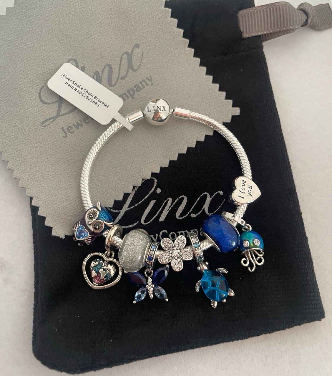 Linx Snake Chain Bracelet with Blue Themed Charms 925 sterling silver