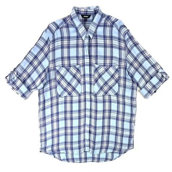 Express Oversized Convertible Sleeve Blue Plaid Soft Flannel Shirt