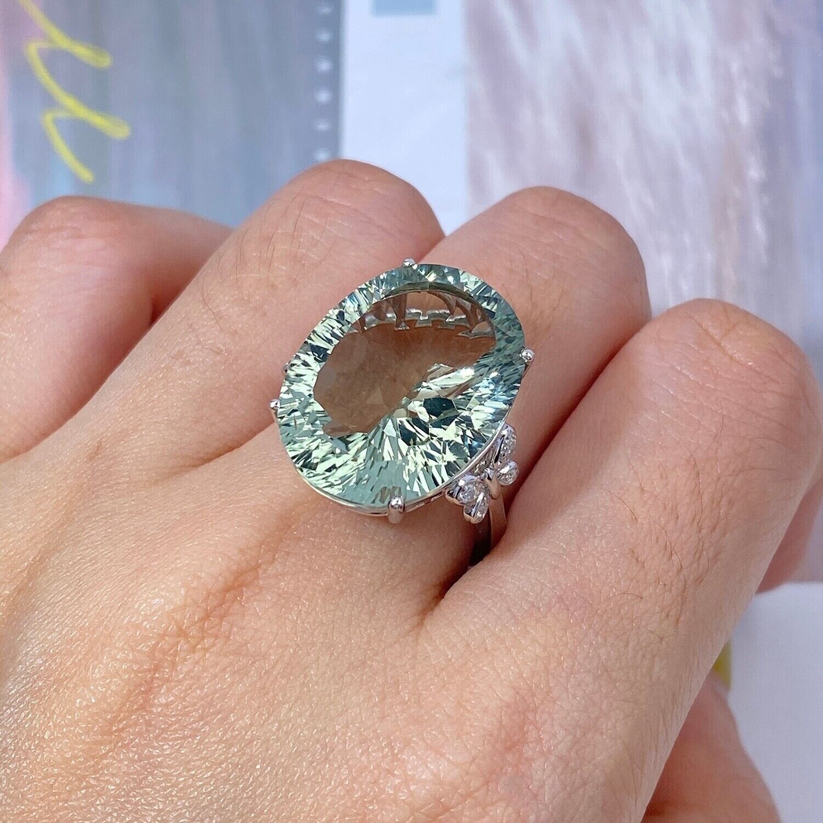 Green Amethyst / Prasiolite Gemstone Oval Cut Ring 20 Carat Prasiolite Ring
