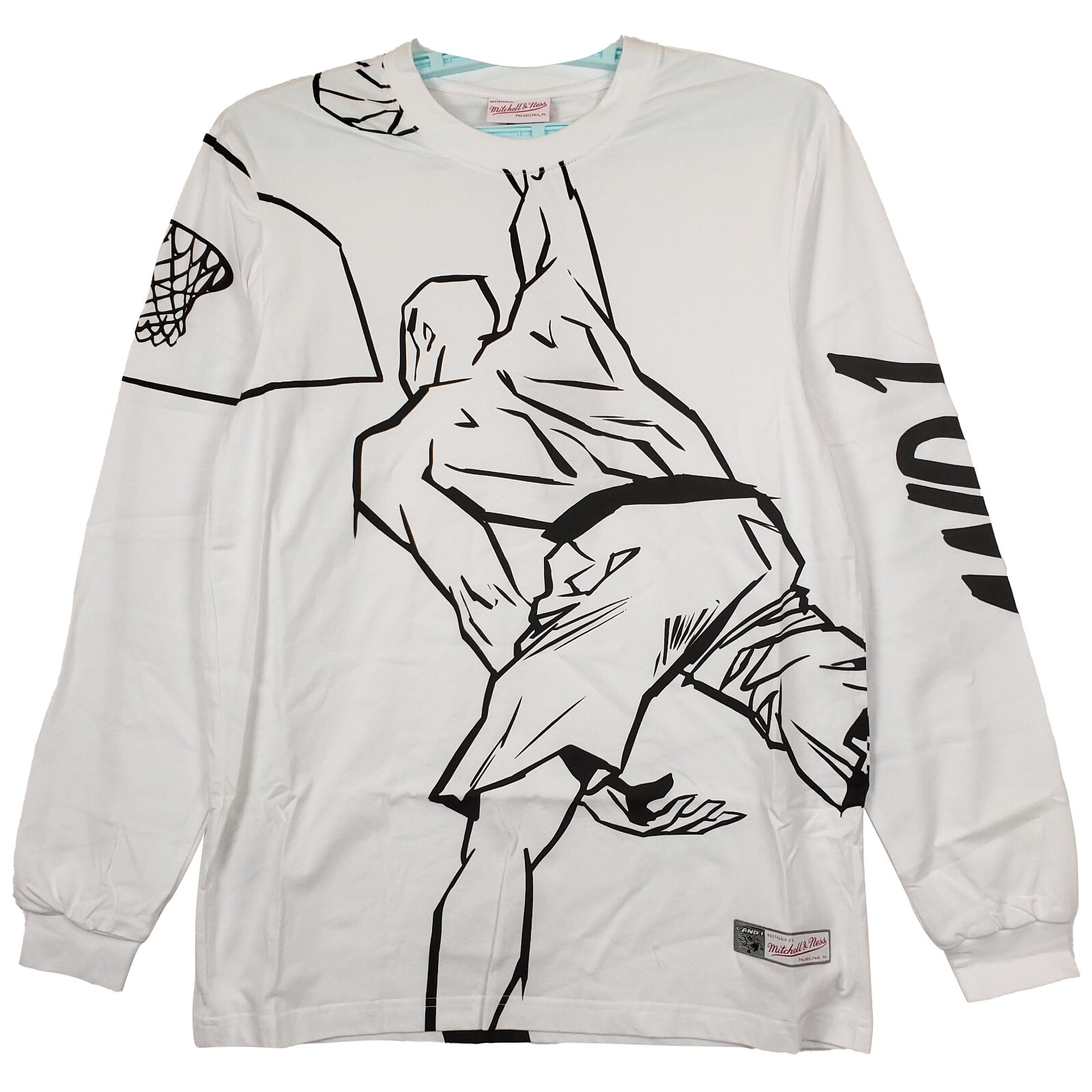 AND1 Mitchell & Ness Small Longsleeve Shirt Slam Dunk Art Sleeve Logo White NWT