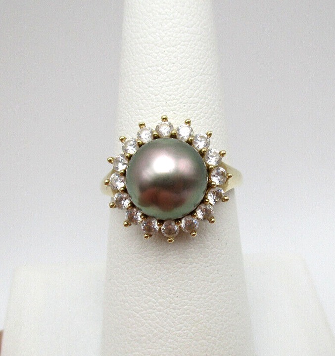 14K Yellow Gold Silver Pearl Halo Ring Size 7 [R288]