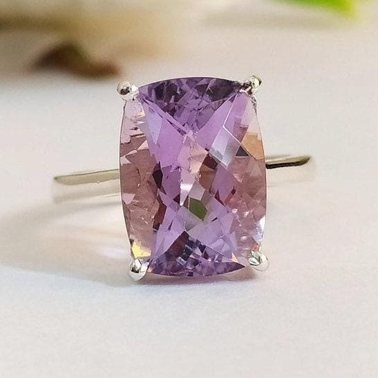 7.45Ct Natural Long Cushion Cut Purple Amethyst Solitaire Ring 14k White Gold