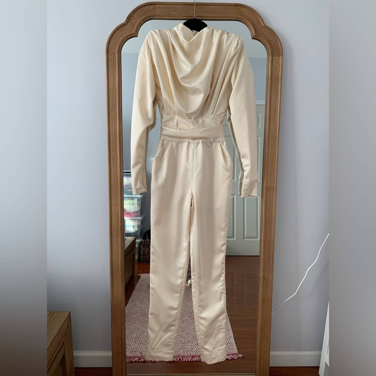 HOUSE OF CB White Ivory Cream Gabrielle Giorgiana Silky Satin Draped Jumpsuit
