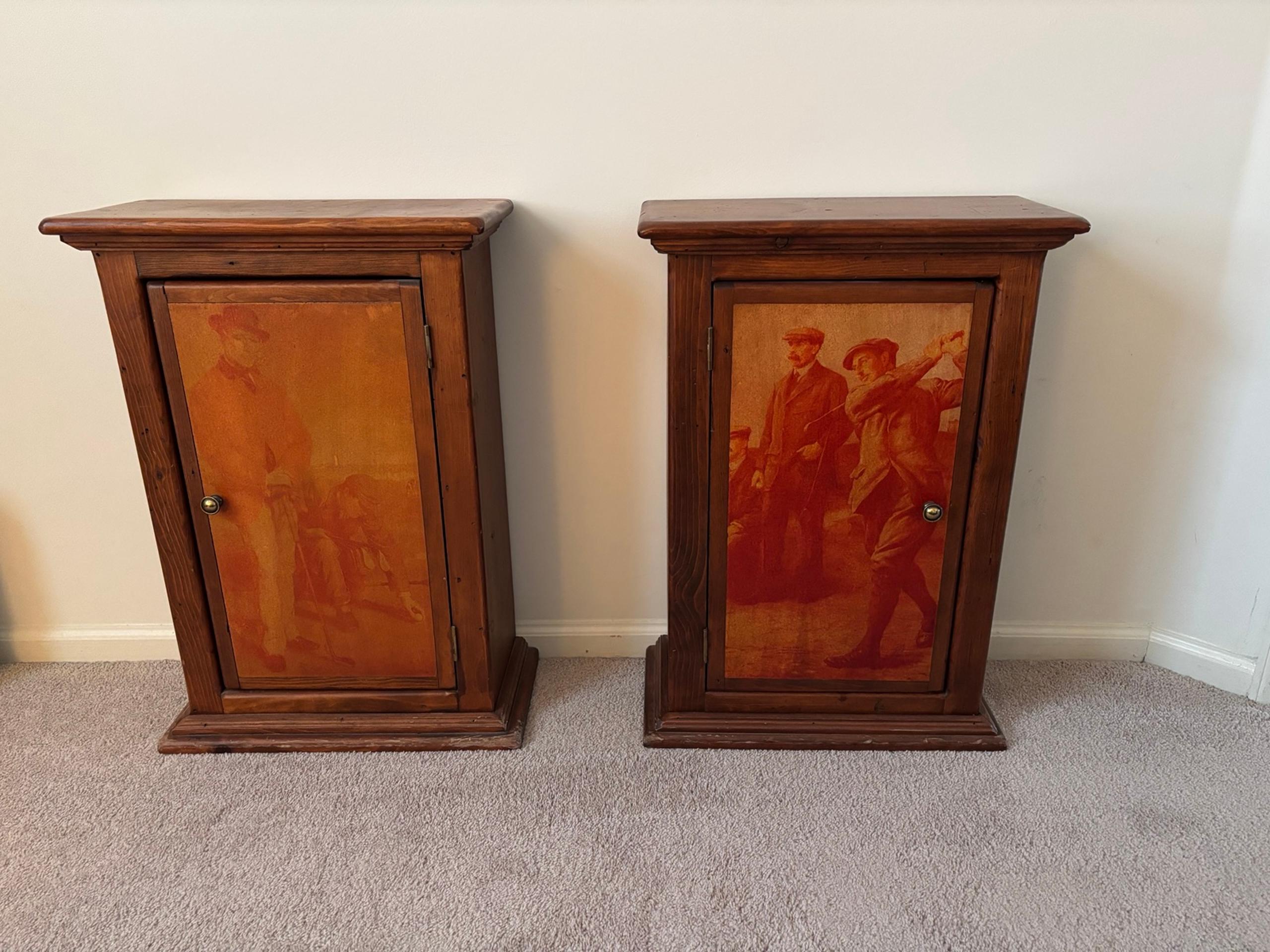 Antique Wood Cabinets, lot of 2, golf themed detailing on single door with knob,