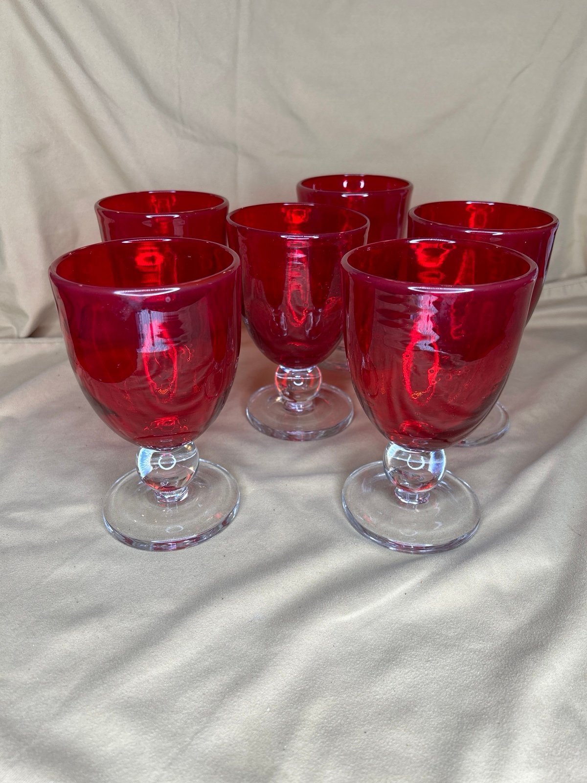 Vintage Bubble Glass Goblets - Ruby Red with Clear Glass Base - Set of Six