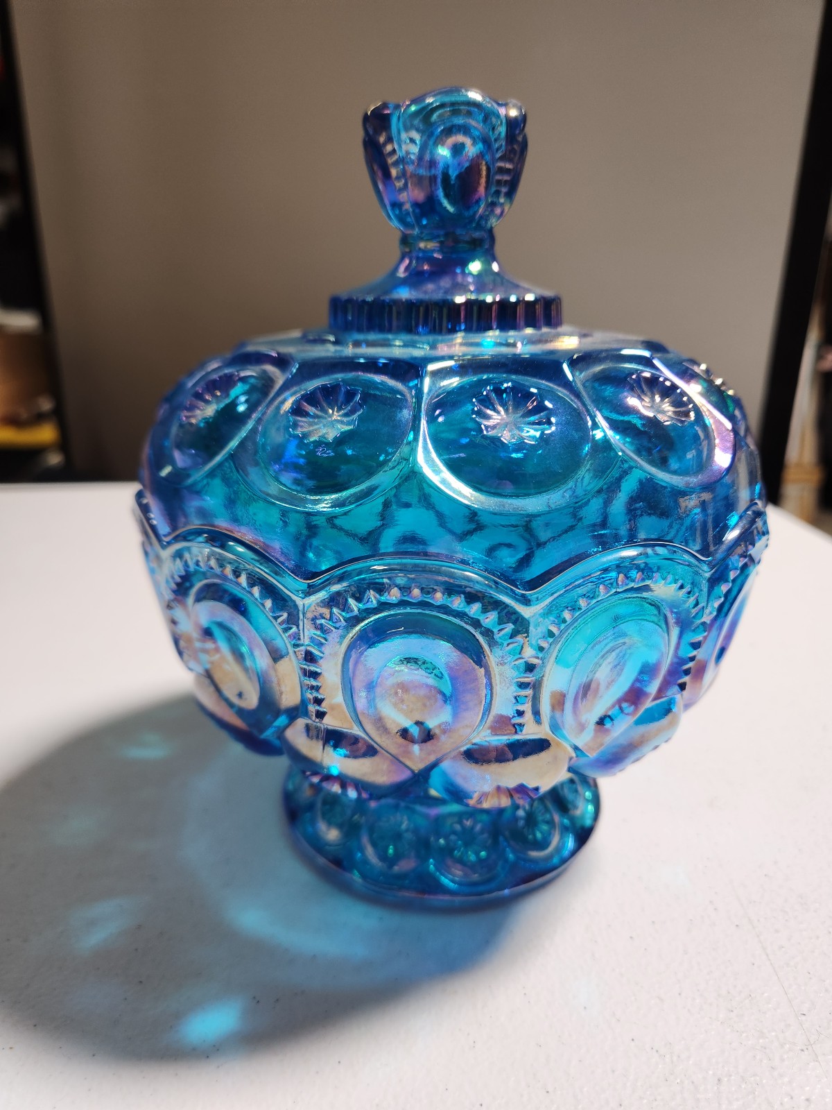 Vintage weisher moon & star blue iridescent carnival glass candy dish . 2 LEFT!