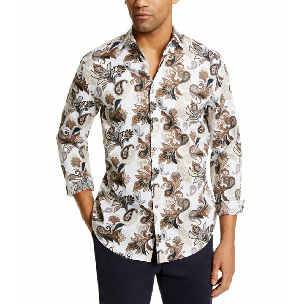 Tasso Elba Brown Paisley Dress Shirt. M