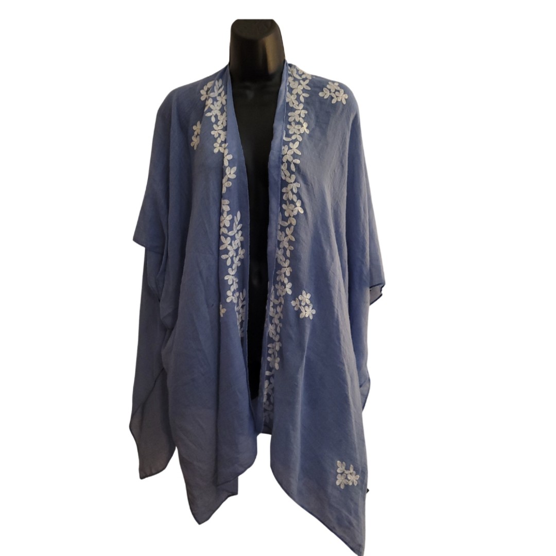 Janice Blue/White Embroidered Coverup/Shawl One Size 100% Viscose