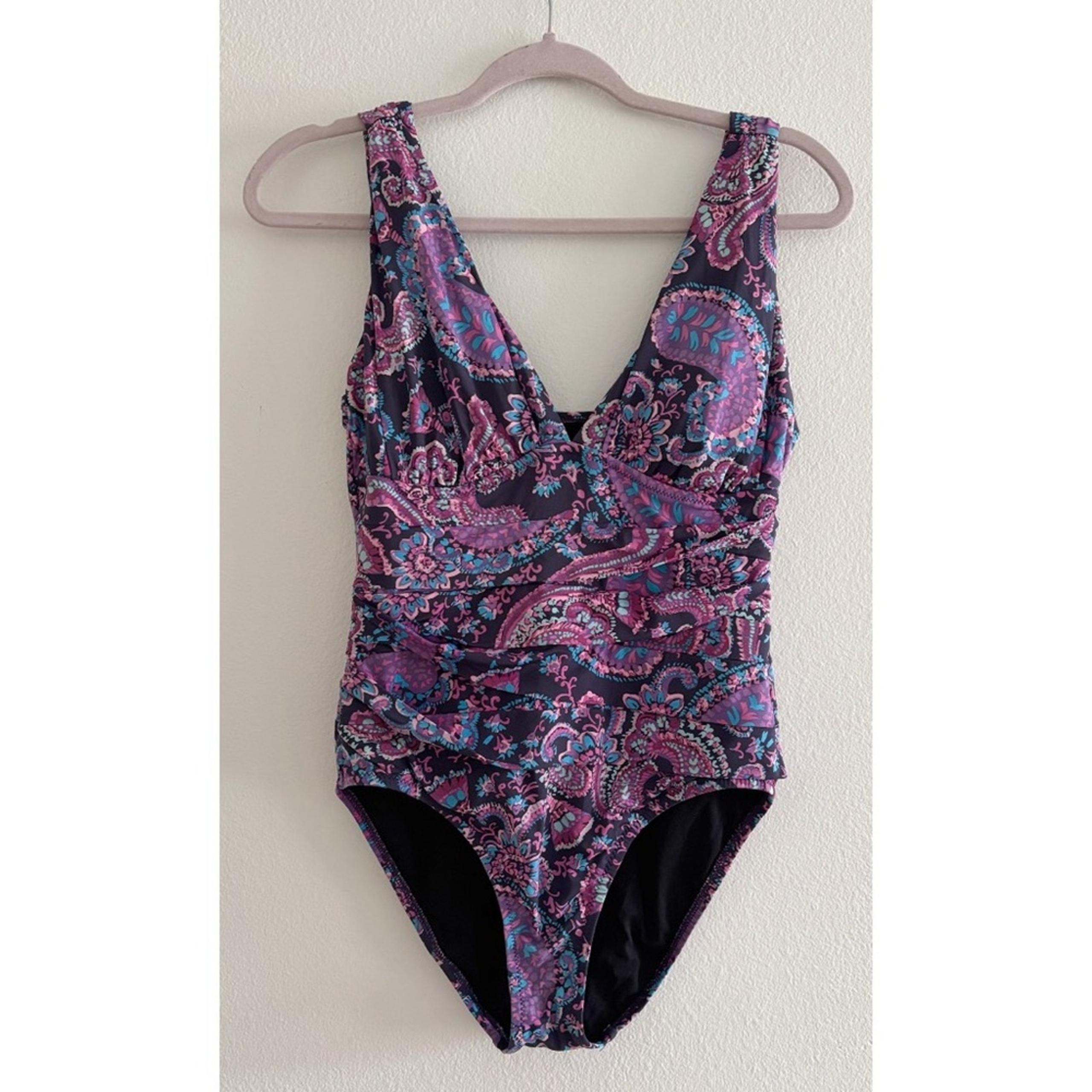 Garnet Hill Purple Retro Ruched Paisley Floral One-Piece Swimsuit Size 6