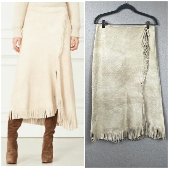 Ralph Lauren Purple Label McKayla Deer Suede Midi Skirt Fringe Southwestern Sz 6