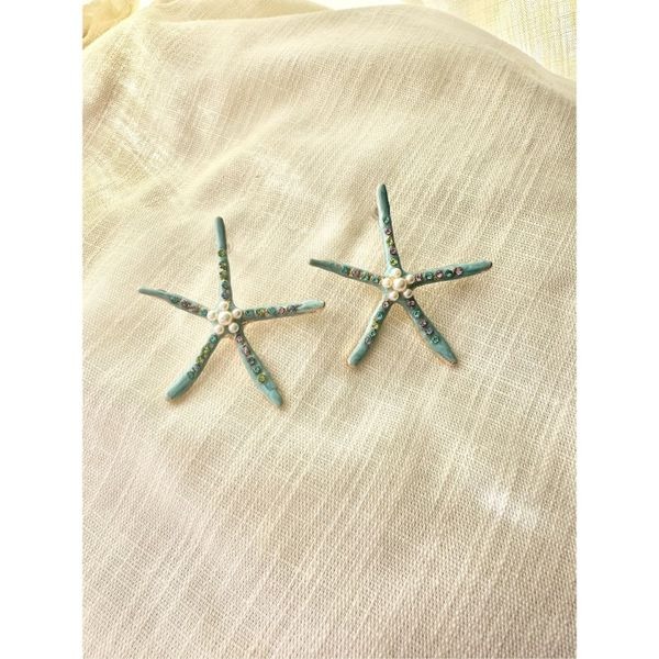 Blue starfish with faux pearl stud summertime earrings
