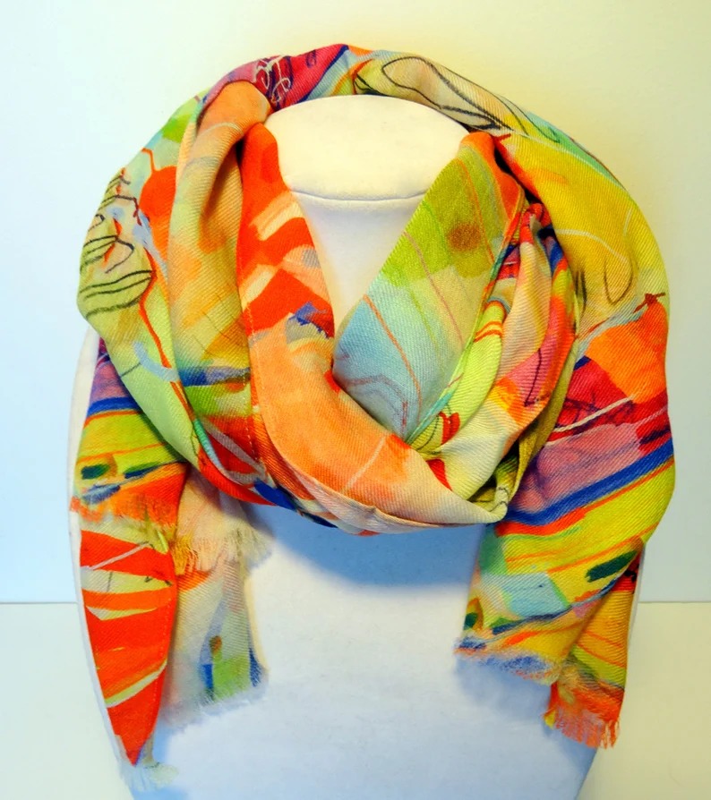 Vibrant Colorful Wool Scarf - Winter Scarf - Gift for Her - 15”x72”