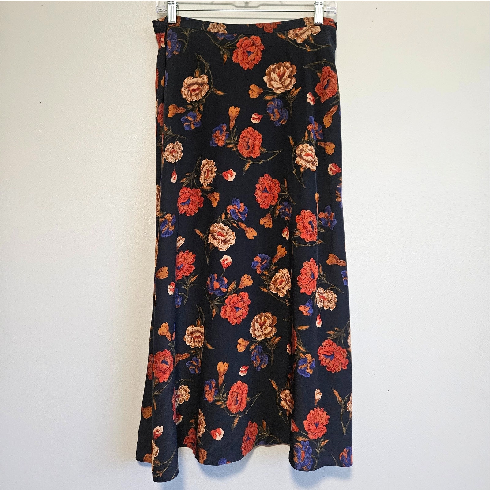 Jones New York Silk Midi Skirt 12P Navy Floral A-Line Cottagecore Dark Romantic
