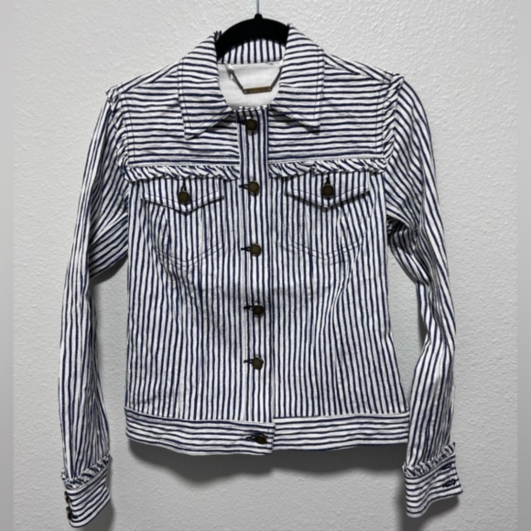 Trina Turk White and Blue Striped Jacket Size Small