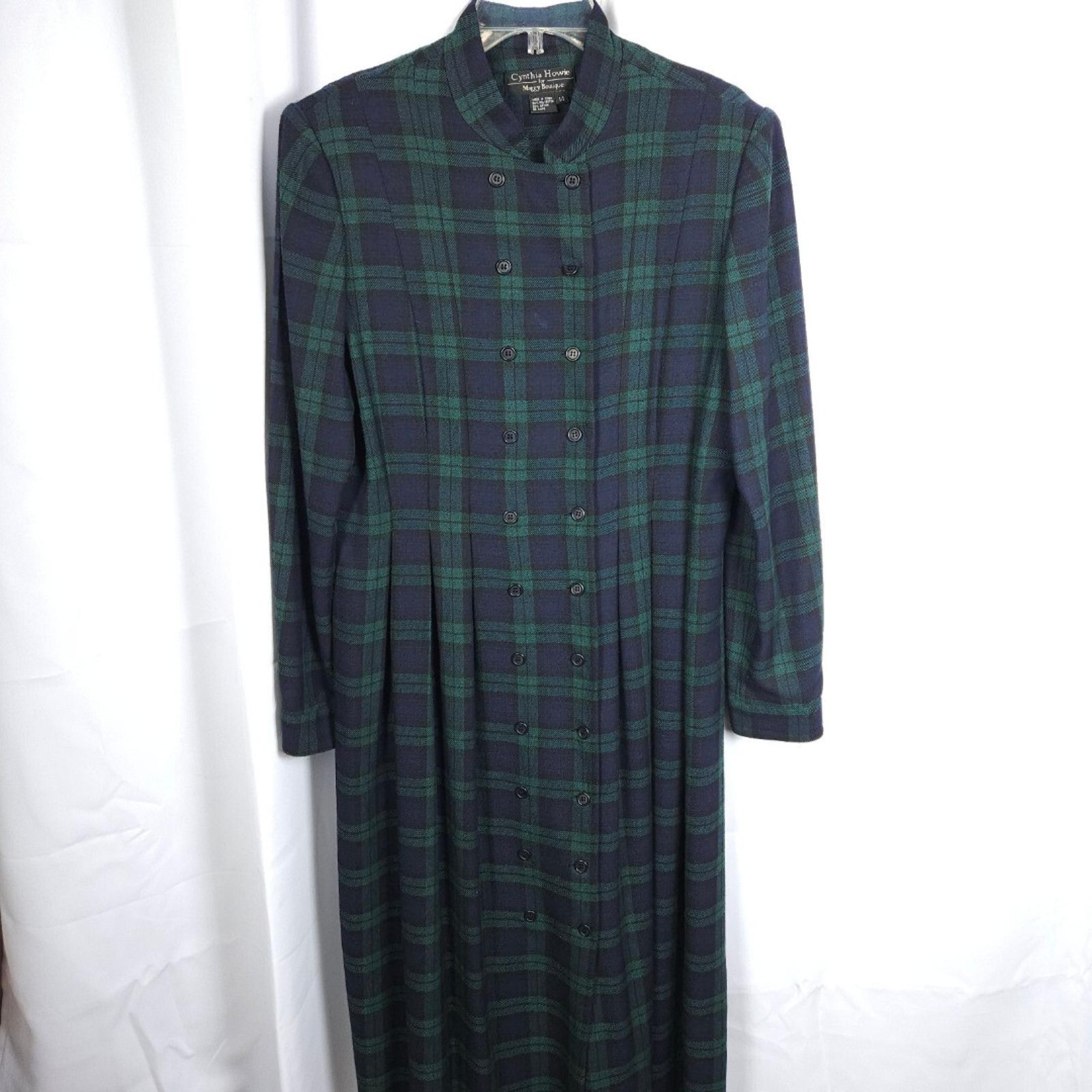 Cynthia Howie Womens 14 Green Plaid Double Breasted Pleated A-Line Maxi Dress