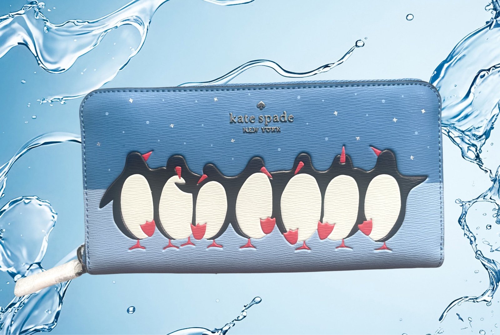 Kate Spade Arctic Friends Penguin Blue Leather Large Continental Wallet Rtl 239