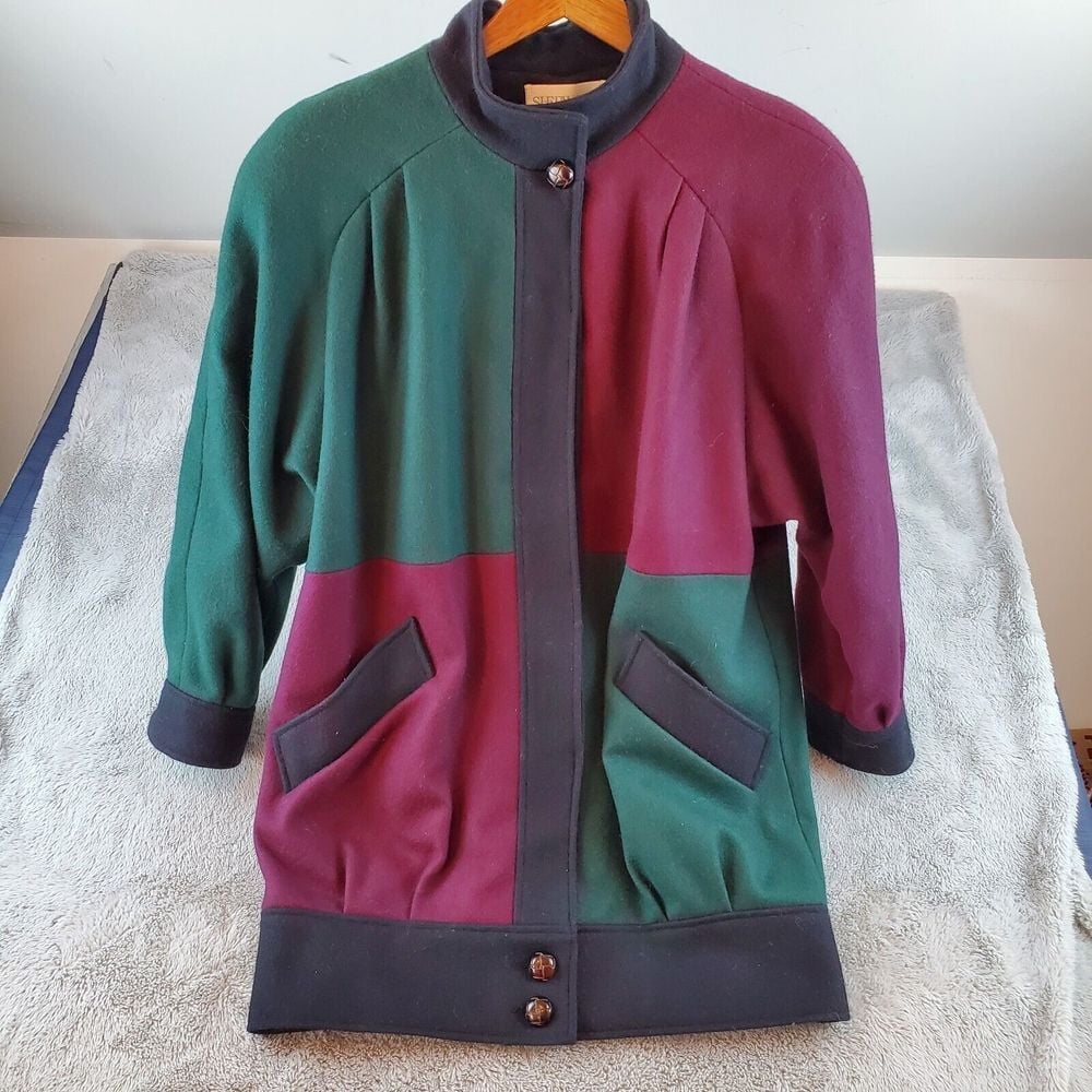 Vintage Sherwood Barn Jacket Womans Large Wool Color Block Chore Coat Farm Wear