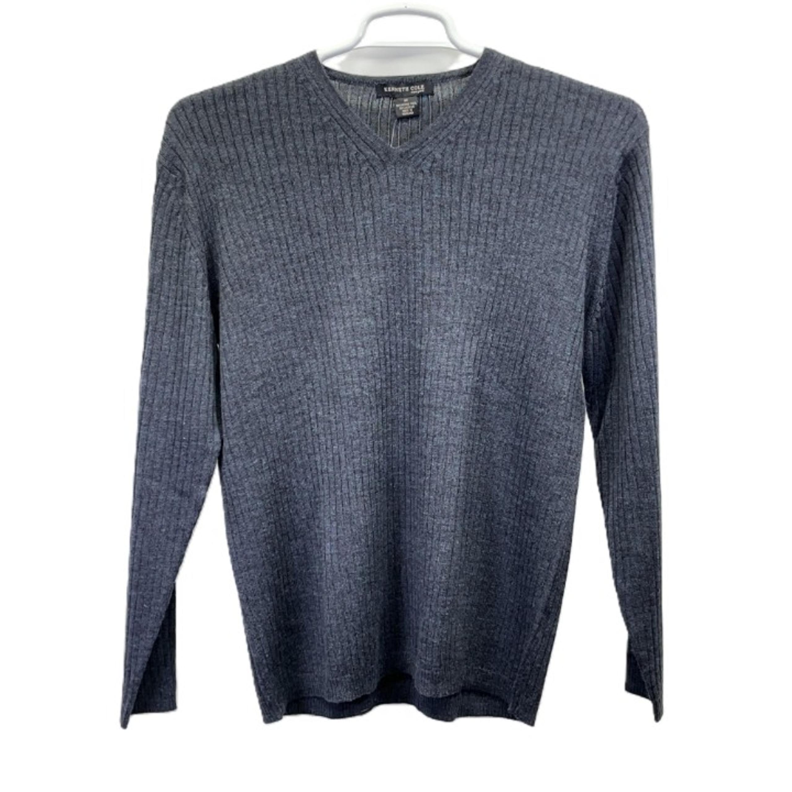 Kenneth Cole NWT Merino Wool Blend Gray Mens Ribbed V-Neck L/S Sweater Medium