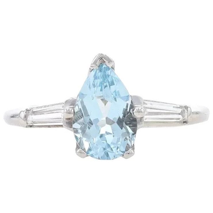2.40Ct Natural Pear Shape Aquamarine & Diamond Baguette Solitaire Ring 14k White