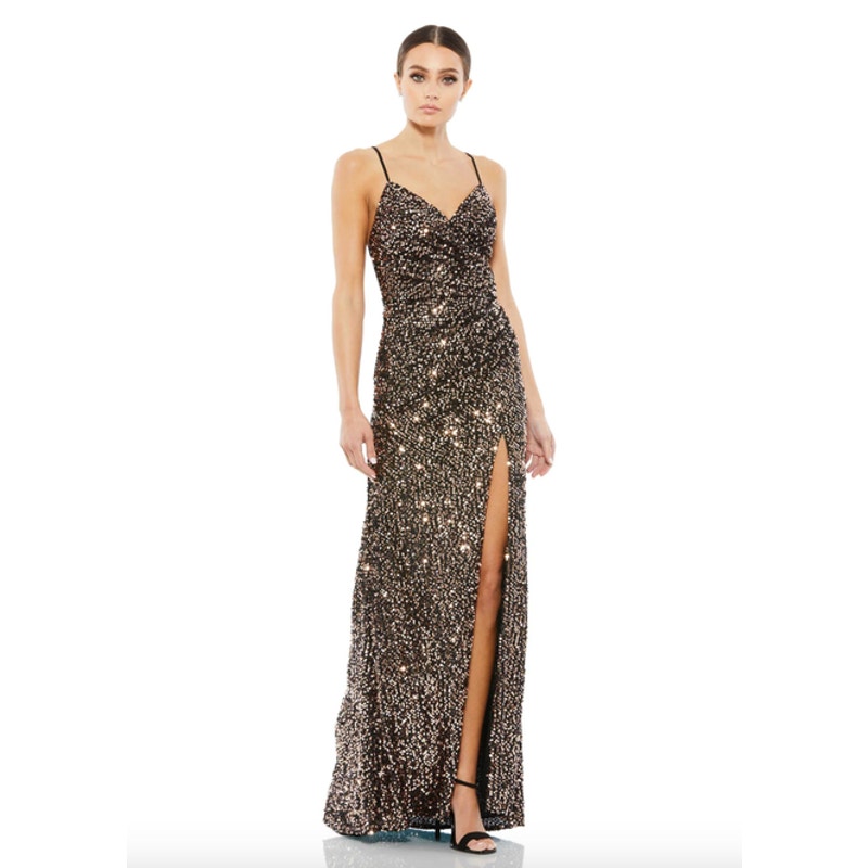 MAC DUGGAL Dress Size 0 Evening Gown Sequin Black Golden Bronze Sheath NEW