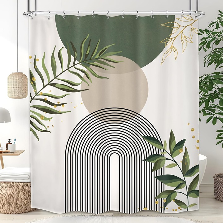Sage Green Shower Curtain 60Wx72H, Abstract Bohemian Mid Century Modern Bathroom