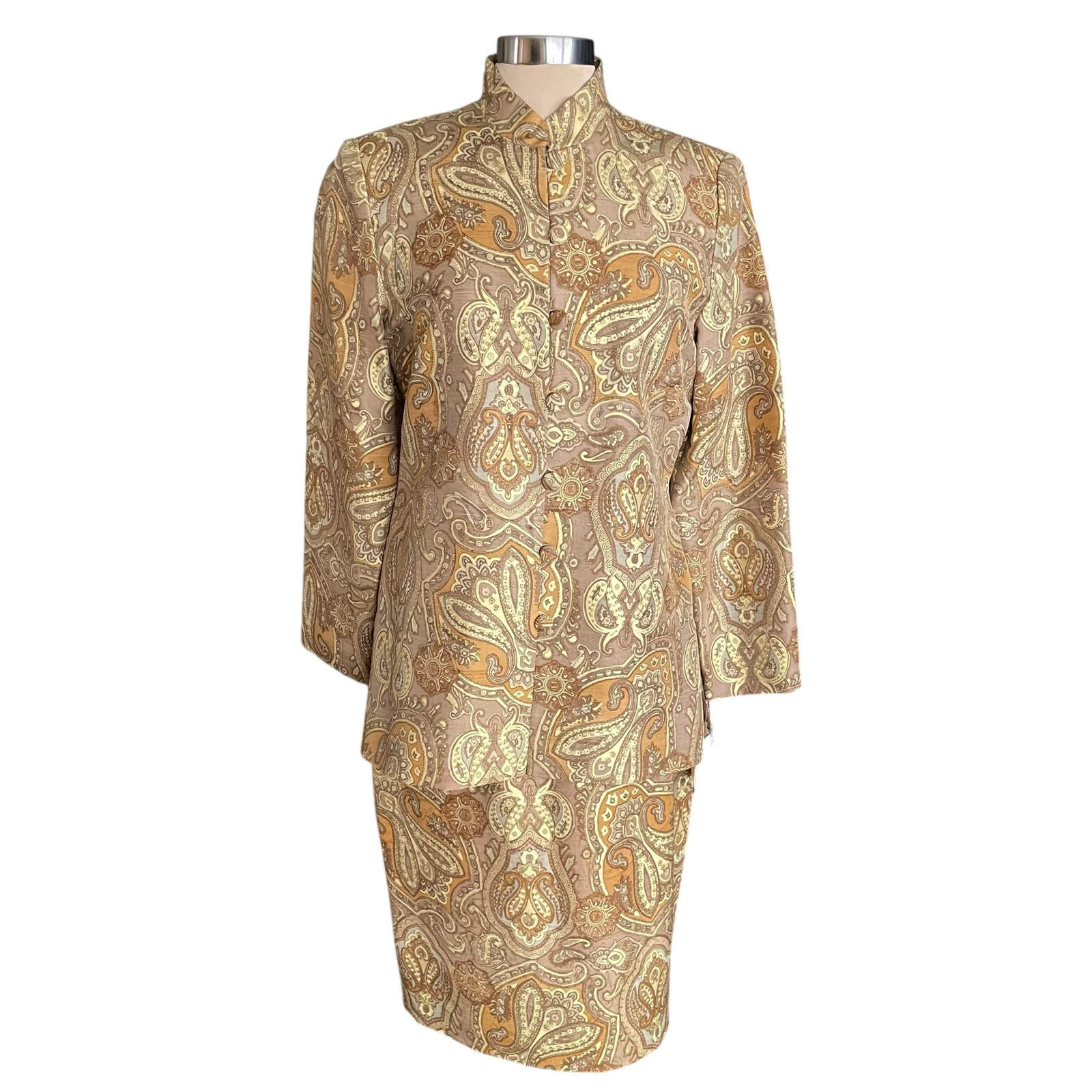 Spenser Jeremy Vintage 100% Silk Tan Gold Paisley 2-Piece Blazer/Skirt Set Sz 10