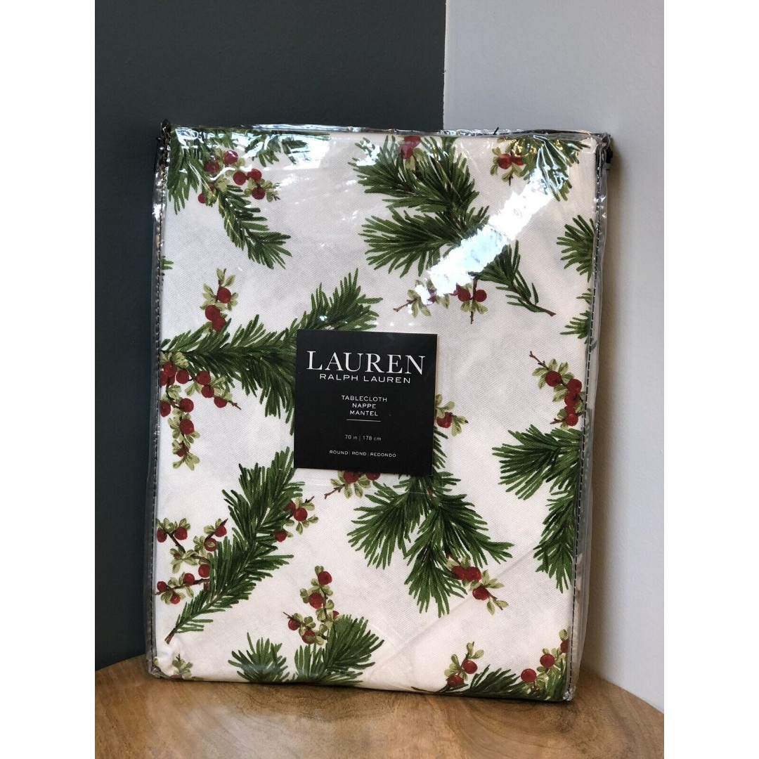 Ralph Lauren Snowy Pine Trees 70 Round Tablecloth Christmas Holiday Winter New