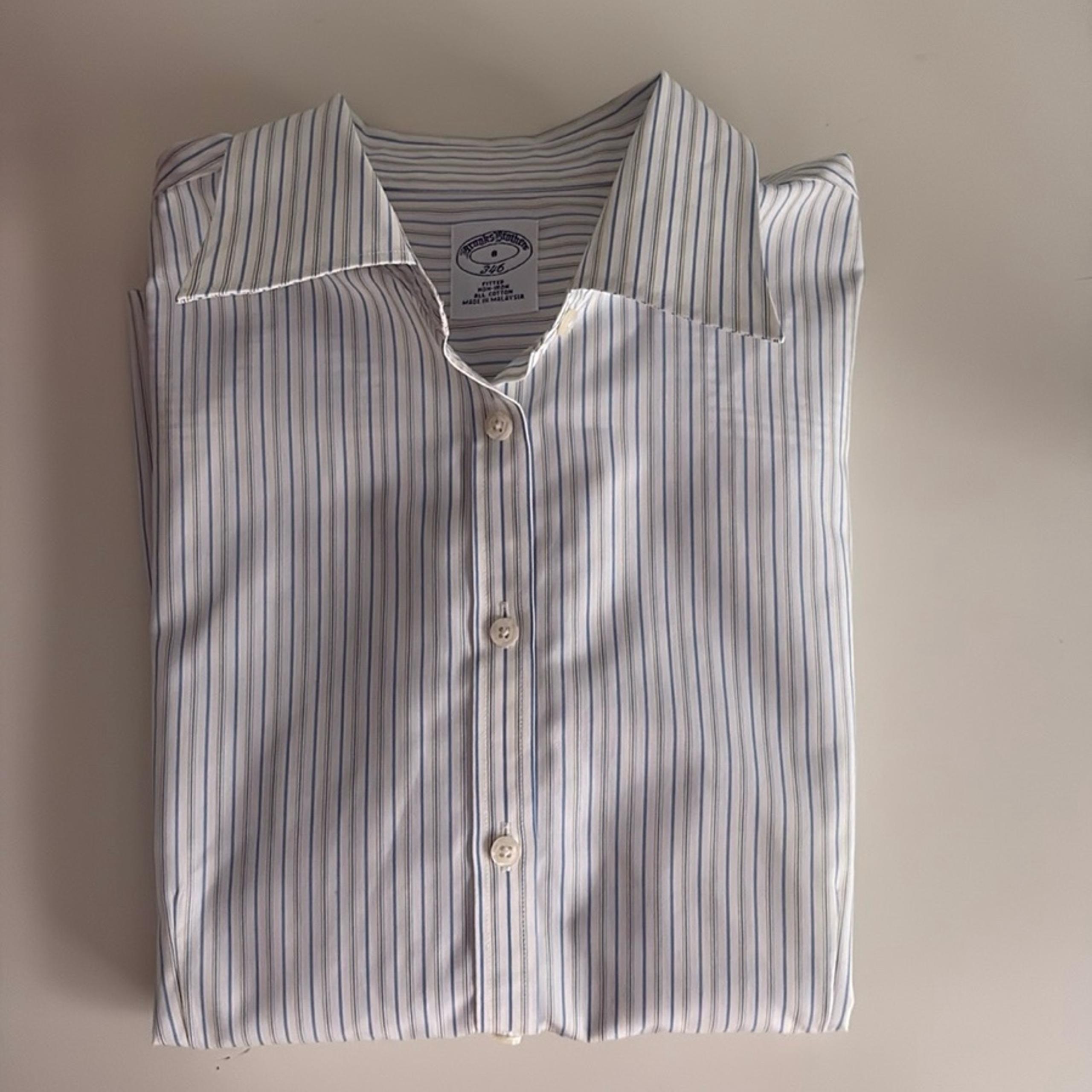 Fitted Non-Iron All Cotton Blue, Green, Grey Striped Women's Top - Brooks Brothers