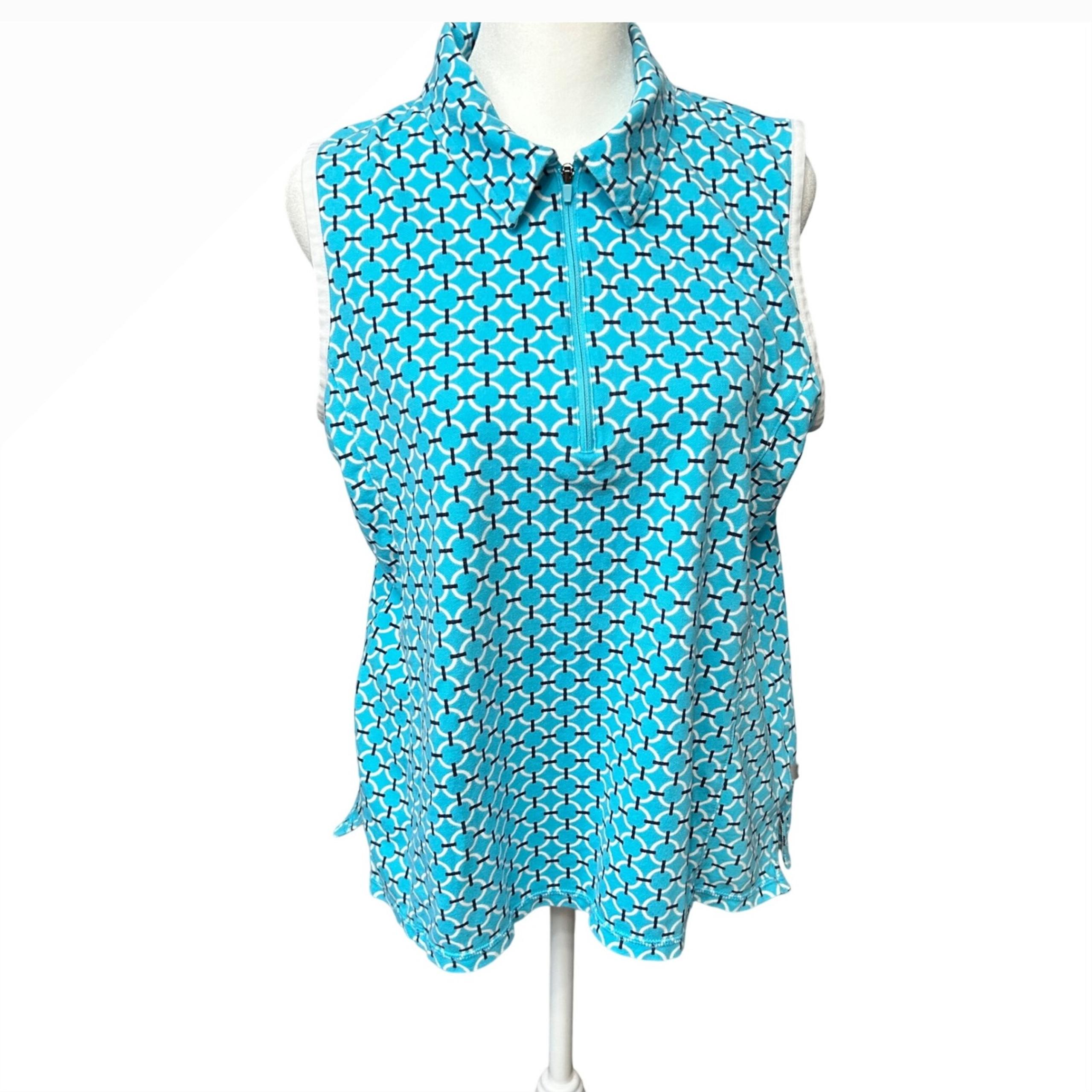 Talbots T Sleeveless Golf Polo Shirt UPF 50+ Geometric Print Blue M