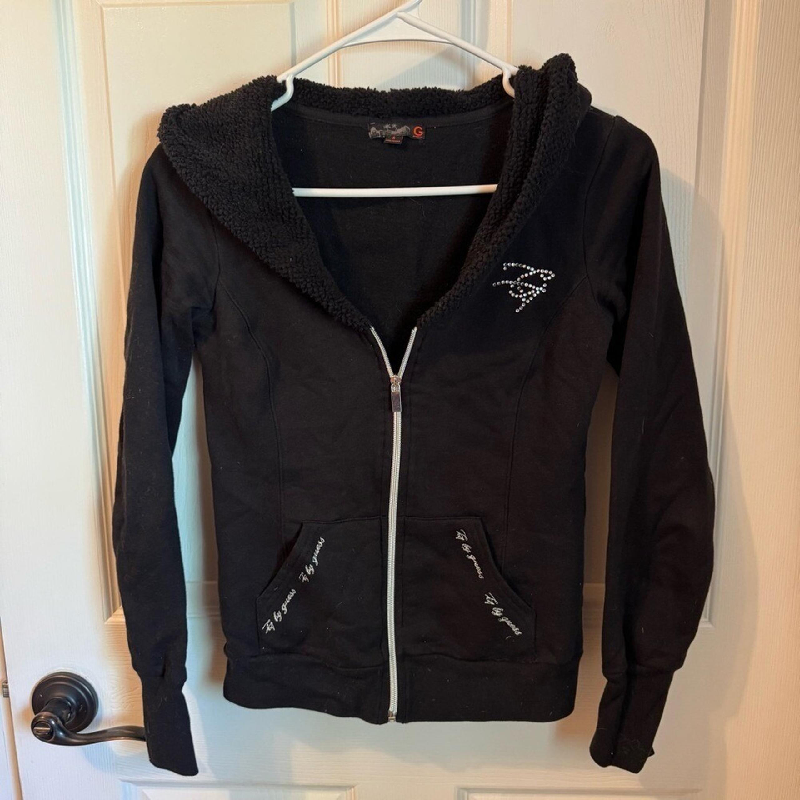 G by Guess Y2K Small Black Zip-Up Women's Hoodie with Rhinestone Detail