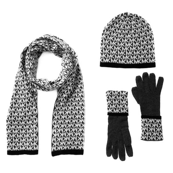 Michael Kors Women's Black MK Logo Knit Scarf Hat Gloves Set Winter 3 Pc