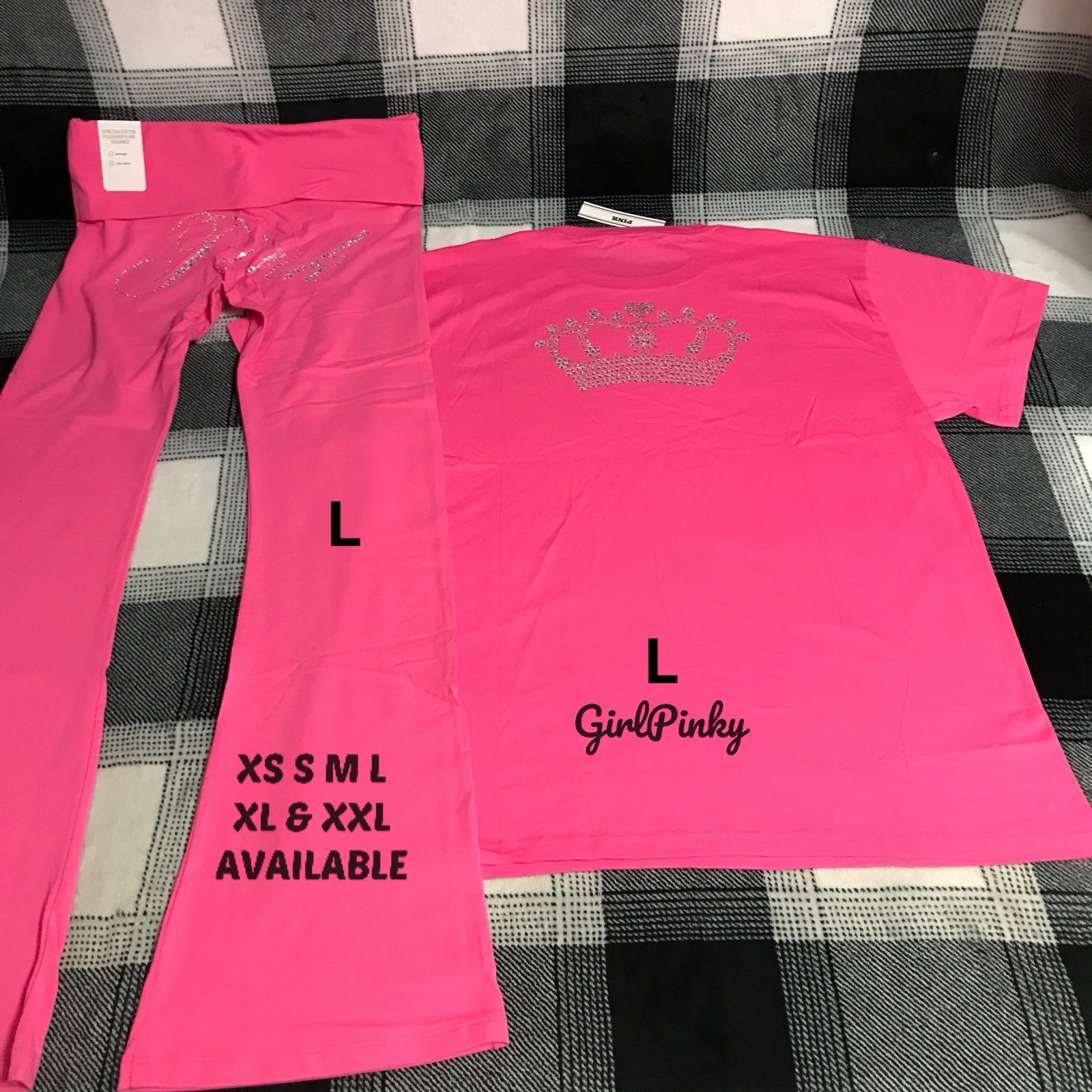 VS PINK FLARE LEGGINGS IN CARMINE ROSE BLING & CAMPUS TEE LIMITED EDITION LARGE