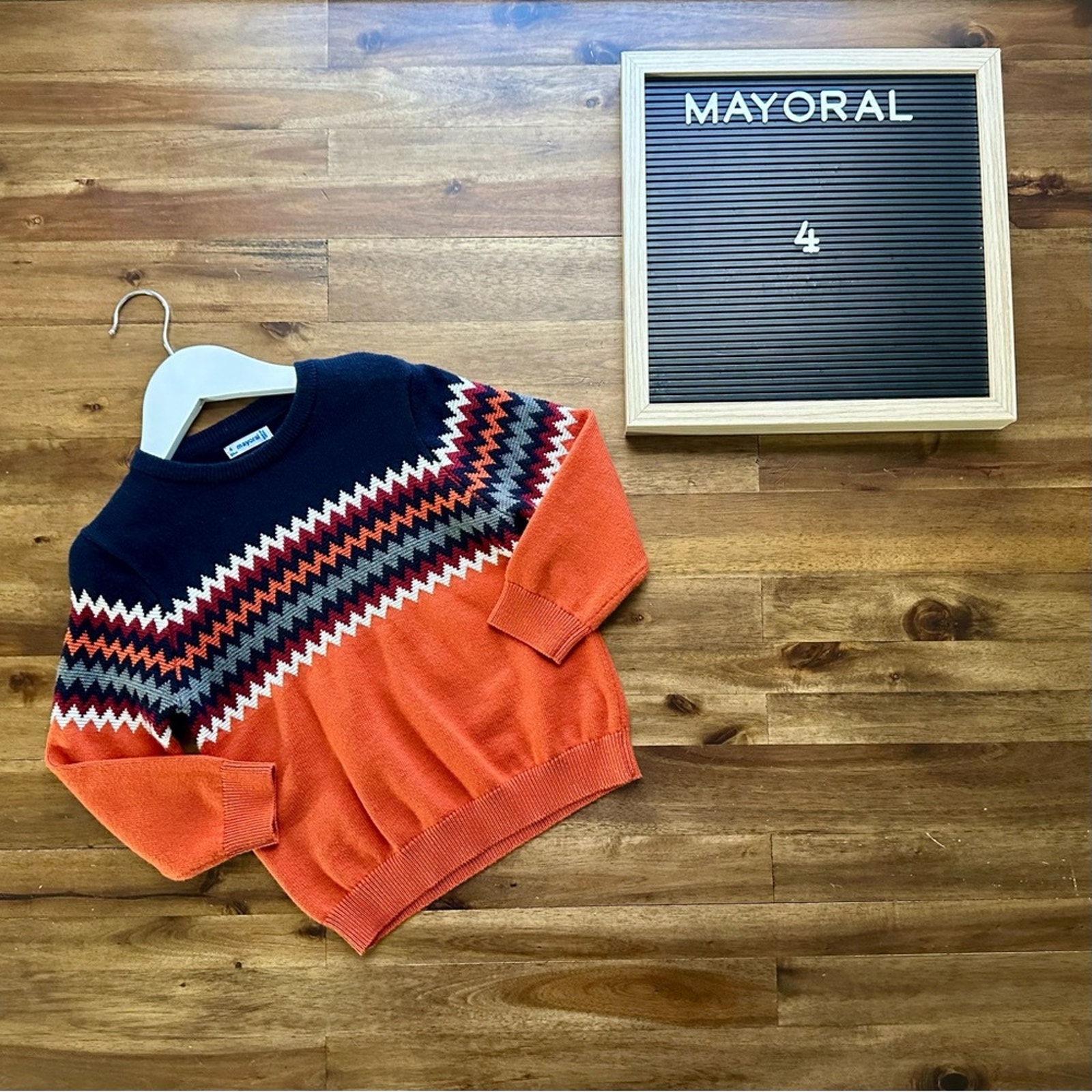Mayoral Long Sleeve Navy Blue Orange Zigzag Long Sleeve Knit Cotton Sweater 4
