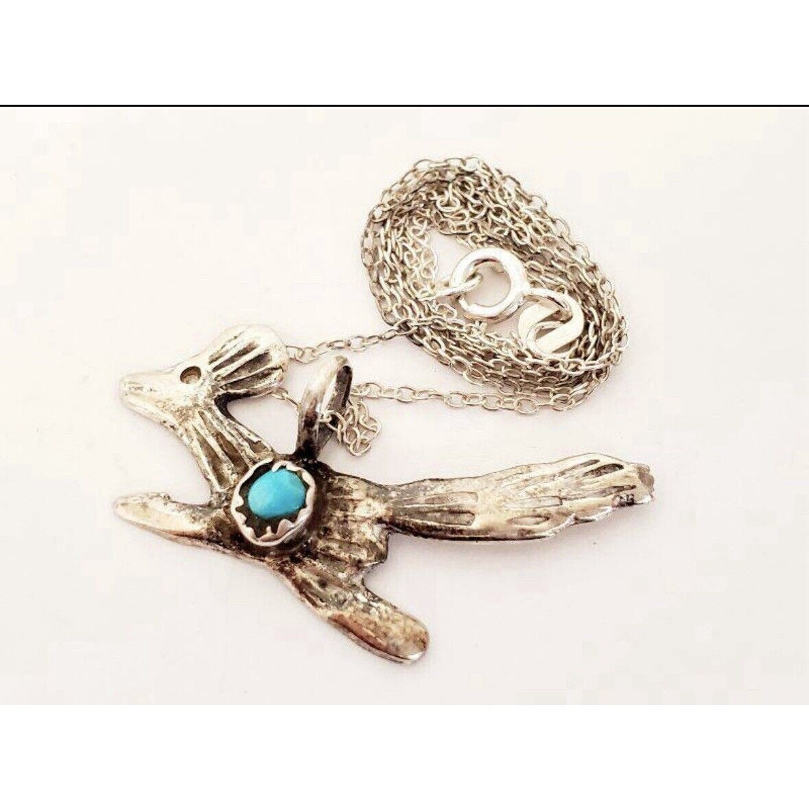 Vintage Southwestern Sterling Turquoise Stone Roadrunner Necklace - 18" 3.4g