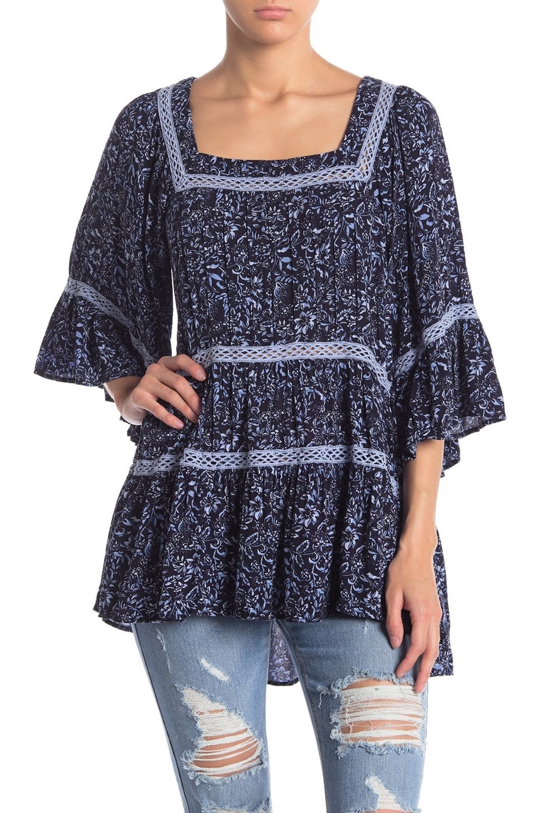Free People Blue Floral Print Tunic XS