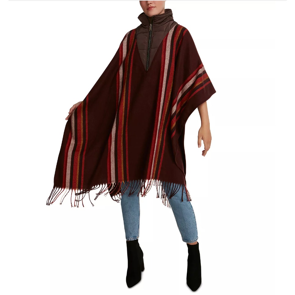 Steve Madden Dark Red Brown Striped Thick Poncho Puffer Neck Topper Wrap New