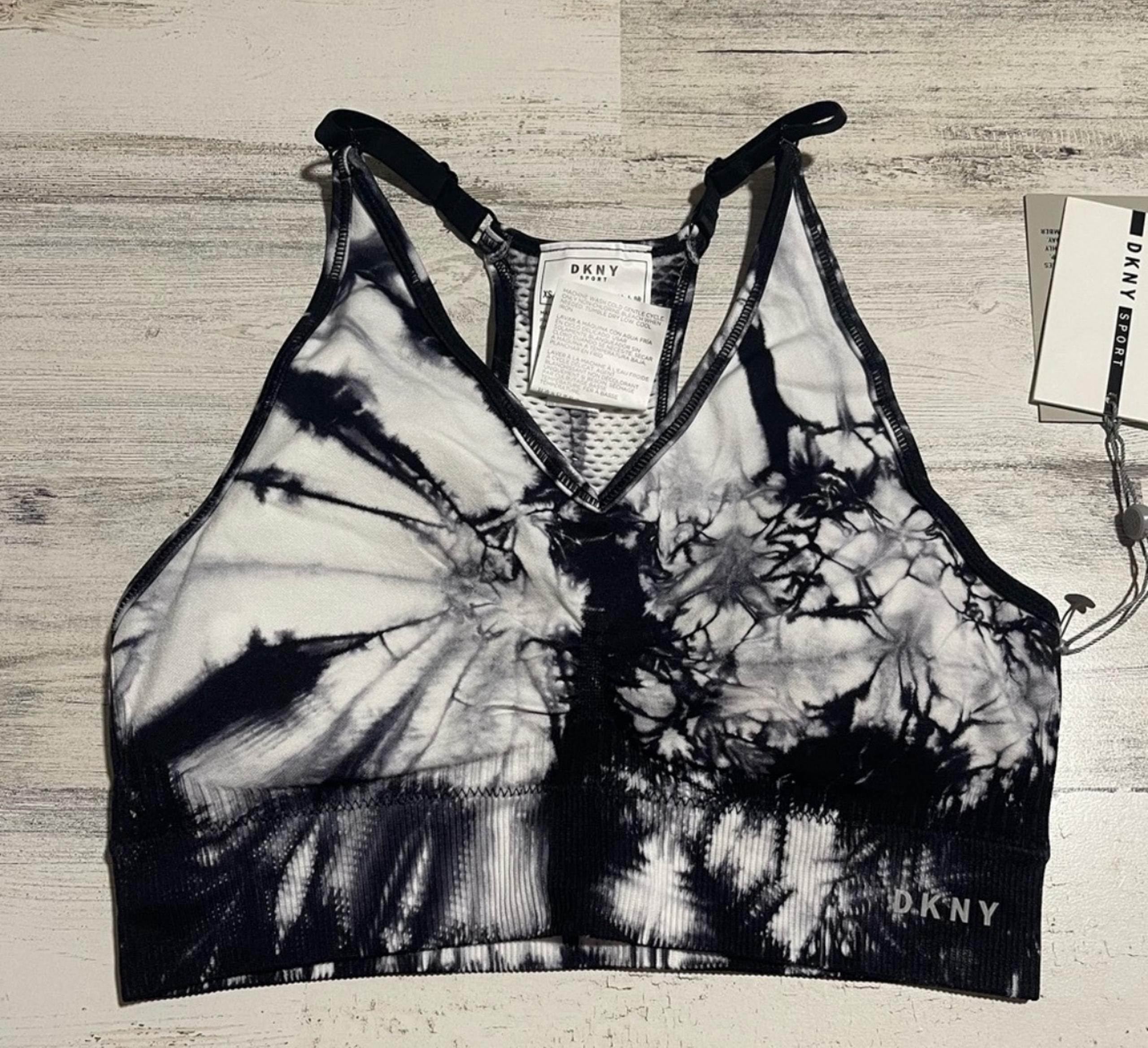 DKNY SPORT WOMENS NWT BRALETTE XS EXTRA SMALL NEW BLACK WHITE BURST SPORTS BRA