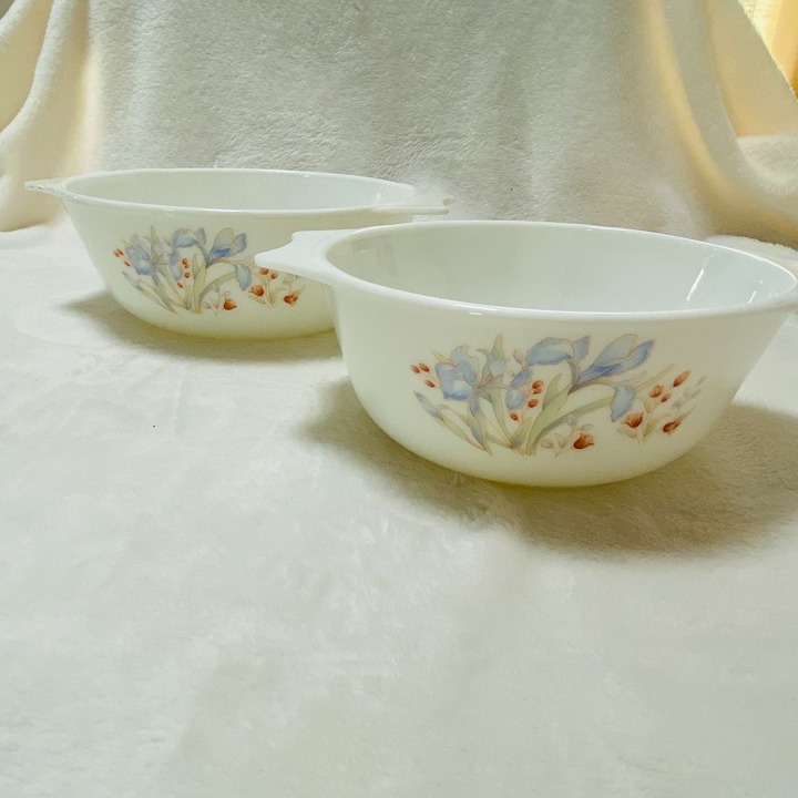 English Pyrex Blue Iris Floral Casserole Dishes 1 Qt & 1.5Qt NO LIDS