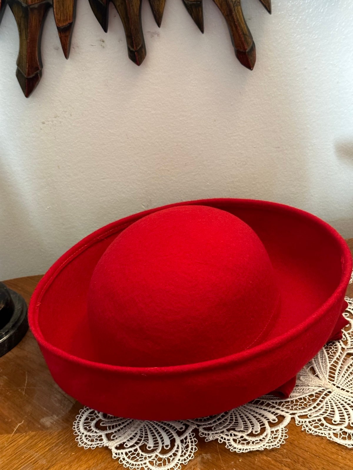 Vintage Red Wool Fedora Hat. with Attached Neck Wrap. Charming scarf