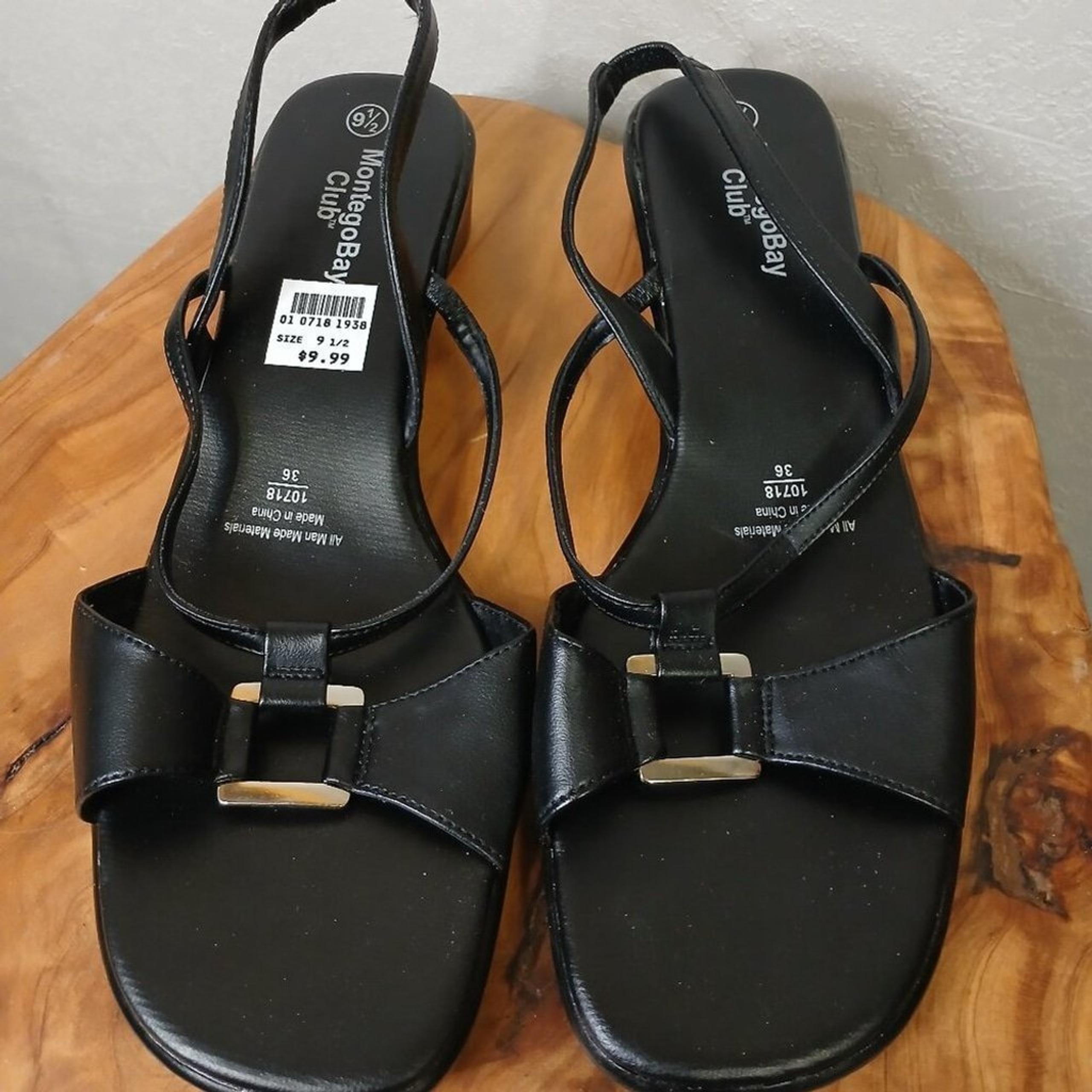 NWT Montego bay Black and gold accent strappy sandals with a 2" wedge size 9.5
