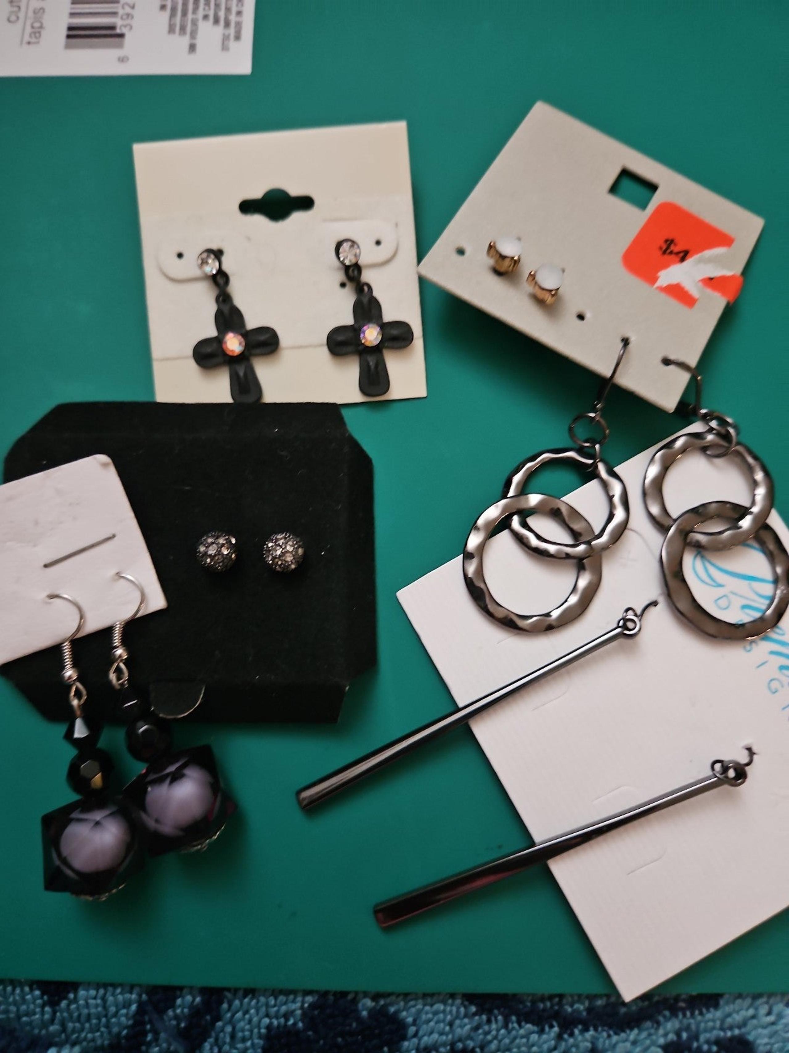 Bundle lot 6 pairs black earrings cross, bars, rings. Crystals