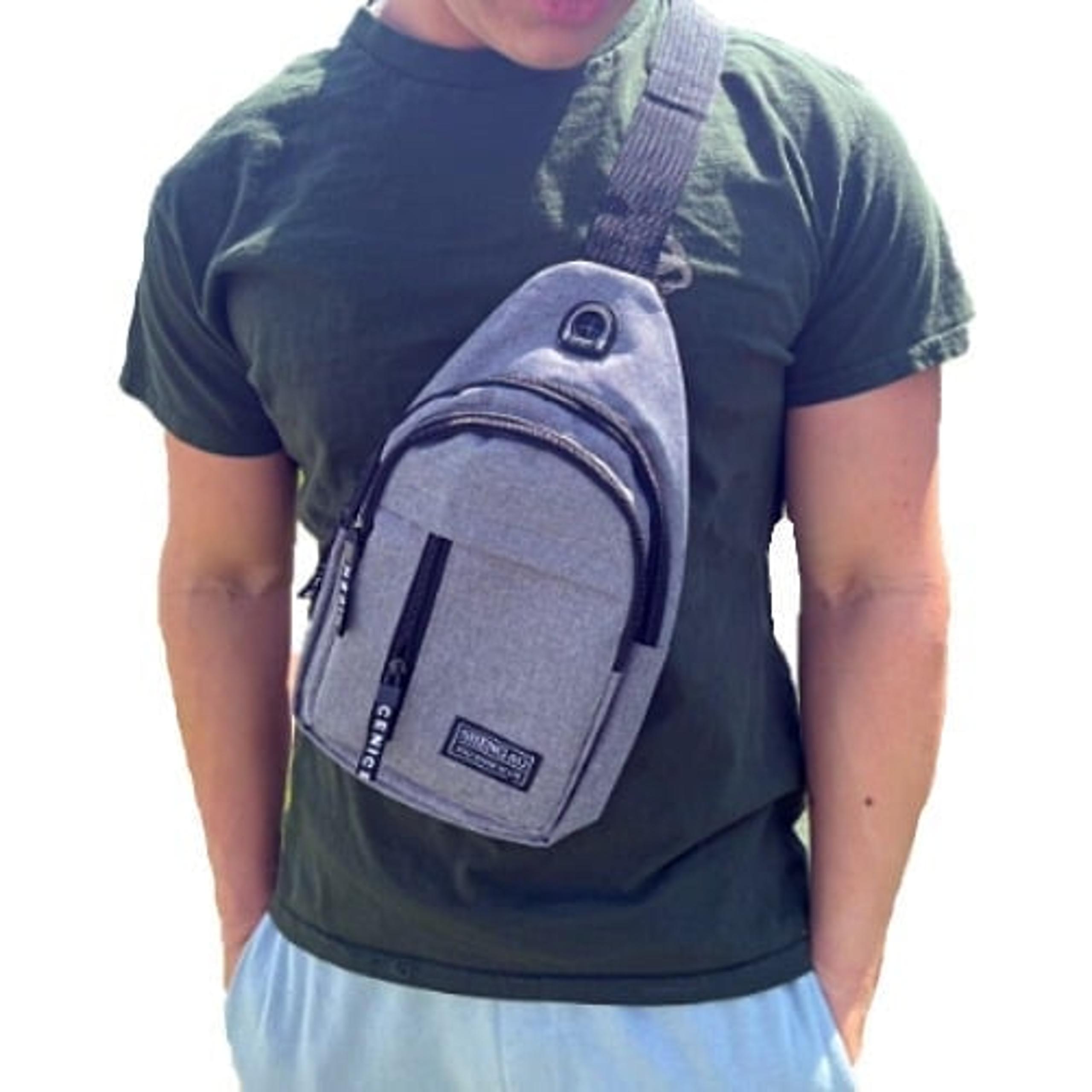 Mens Grey Canvas Sling Bag, Trendy Crossbody Chest Bag, Unisex Backpack
