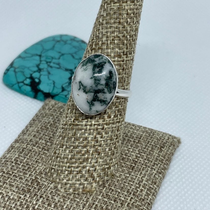 Green Moss White Agate Silver Statement Ring