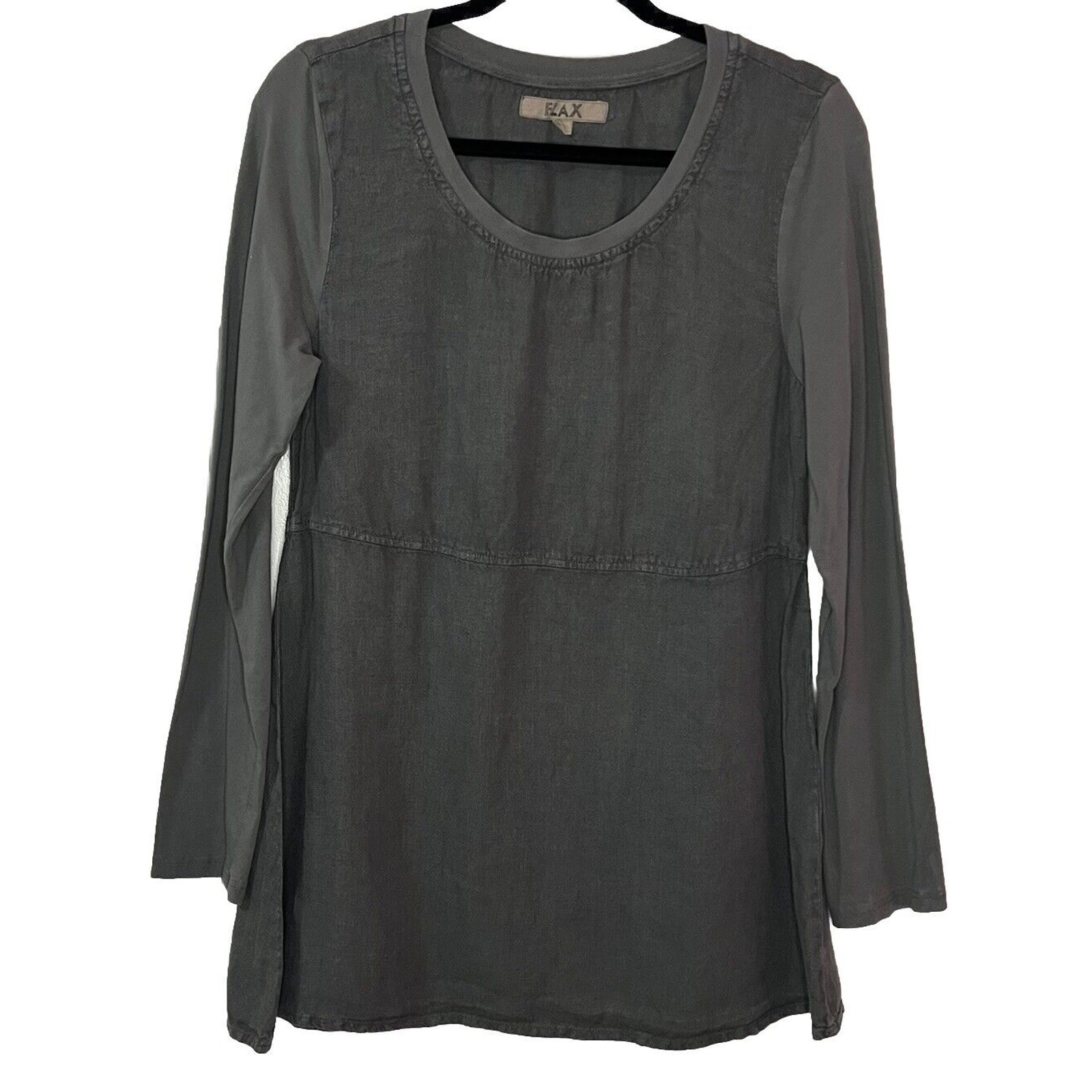 FLAX Tunic Sz P Grey 100% Linen Top Long Sleeves Lagenlook Minimalist A Line