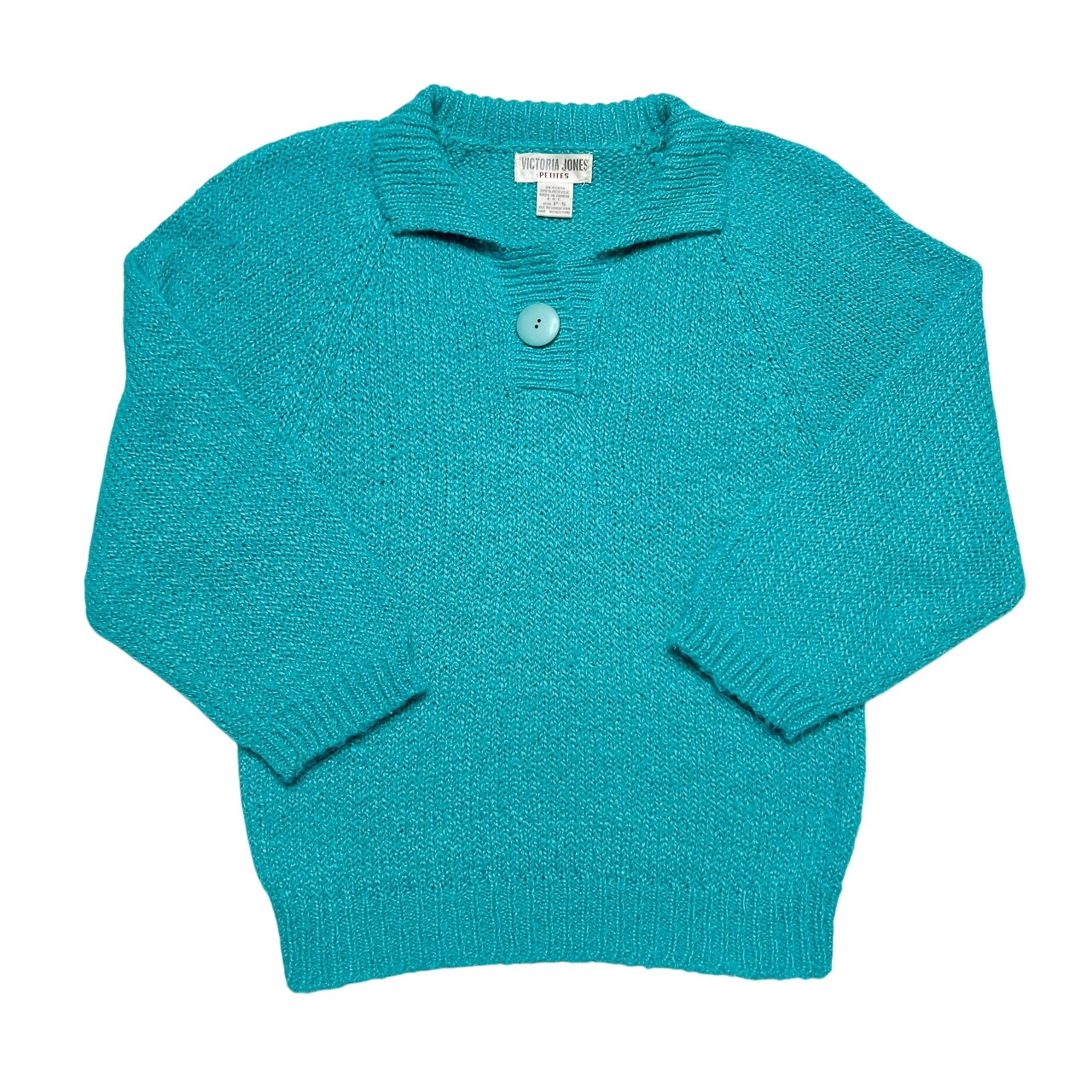 Victoria Jones Vintage 80s Sweater Teal Collared 3/4 Sleeve Tight Knit Womens PS