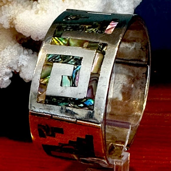 Excellent Condition Handmade Abalone Inlayed Sterling (925) Box Panel Bracelet