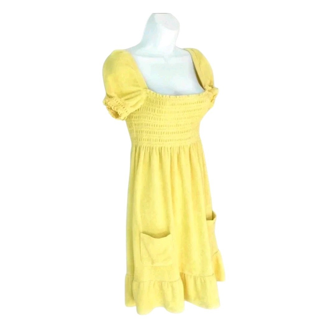 Juicy Couture Yellow Terry Cloth Smocked Mini Dress Swim Cover Up Sz M VTG Y2K