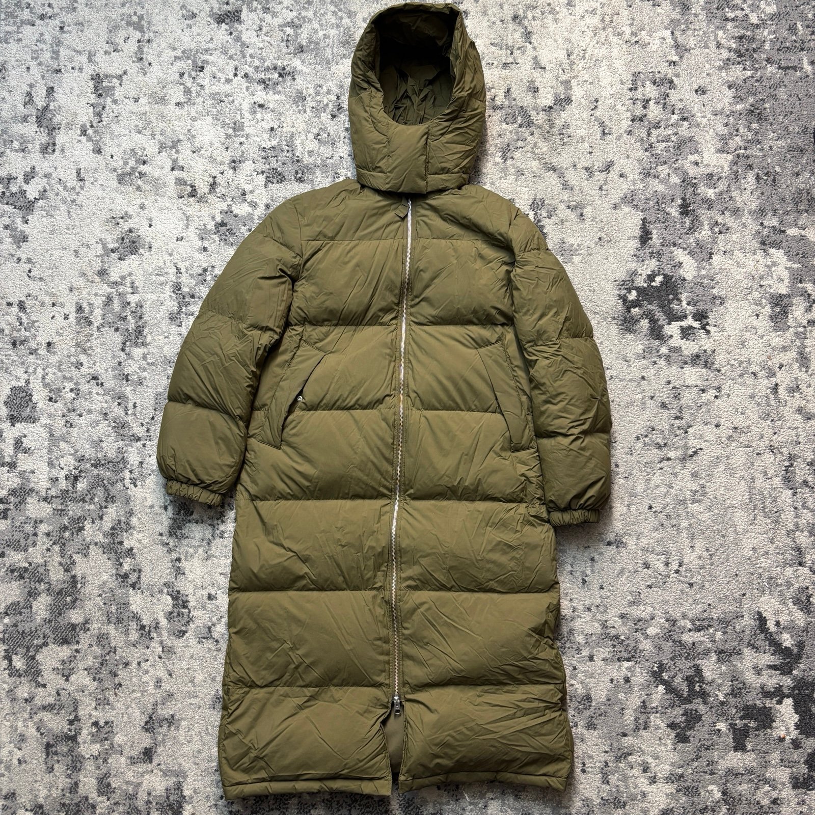 Arket Jacket Womens Small Olive Green Puffer Hood Re Down Filled Insulated Long