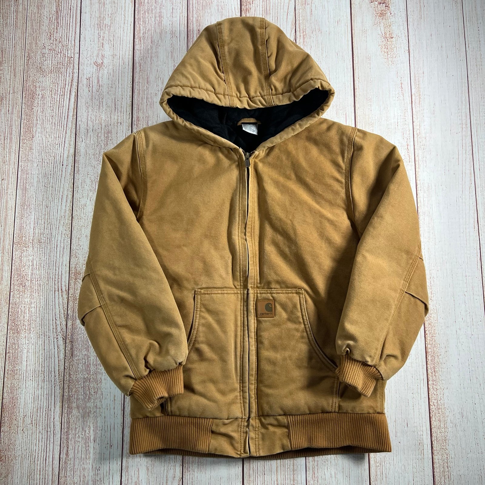 Carhartt Youth Large (14-16) Brown Hooded Full Zip Quilted Workwear Jacket