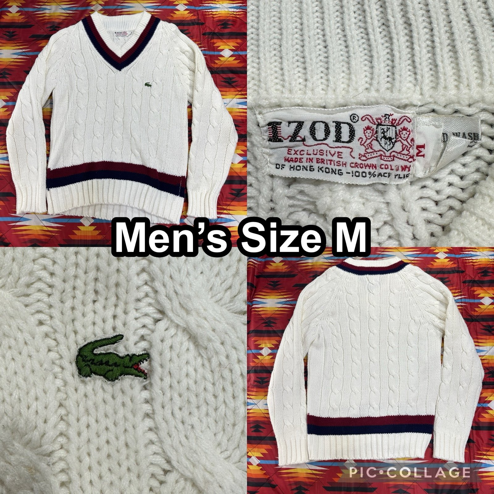 Vintage 80s Izod Lacoste Tennis Sweater Chunky Cable Knit V-Neck Golf Cricket M